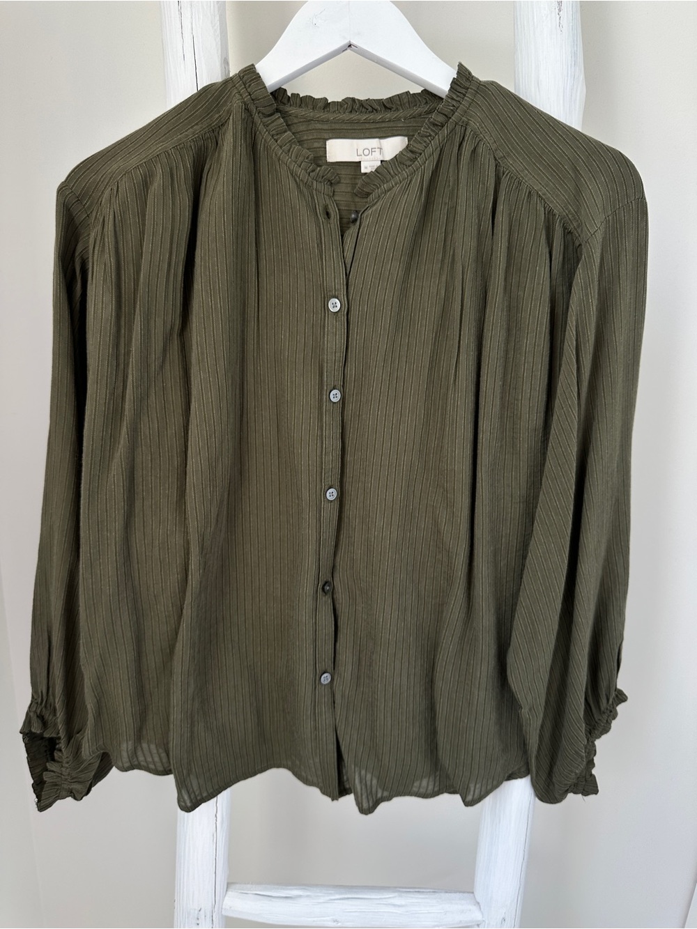LOFT Olive Green Ruffled Collar Button-Front Blouse